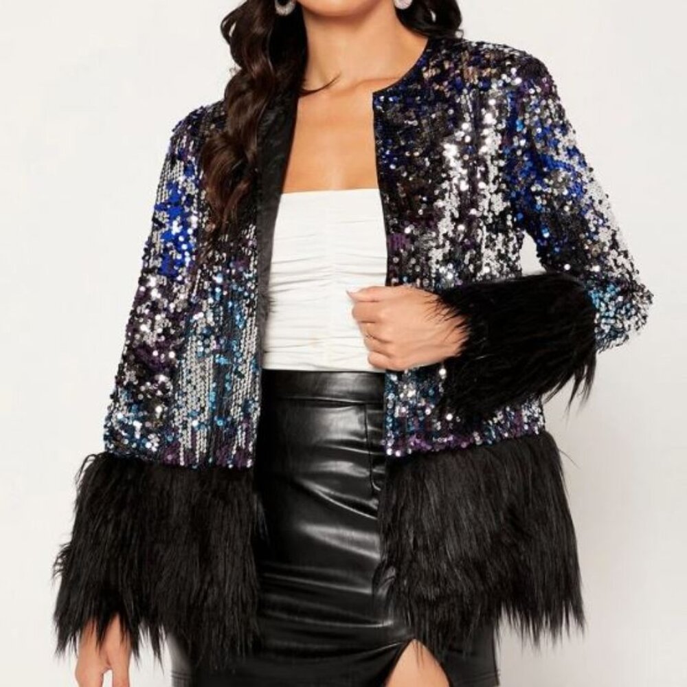 Shein Bae Open Front Contrast Fuzzy Sequin Coat. … - image 1